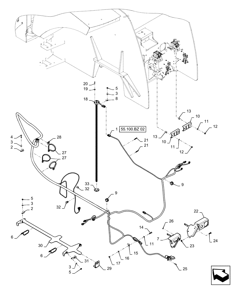 Схема запчастей Case IH QUADTRAC 620 - (55.100.BZ[01]) - REAR FRAME HARNESS MOUNTING (55) - ELECTRICAL SYSTEMS