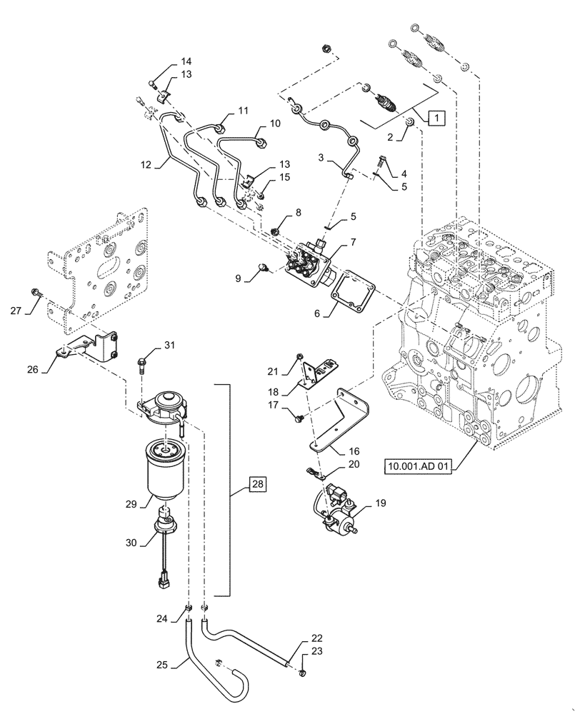 Схема запчастей Case IH FARMALL 30C - (10.218.AD[01]) - FUEL LINE AND INLINE FILTER, FARMALL 30C, 35C (10) - ENGINE
