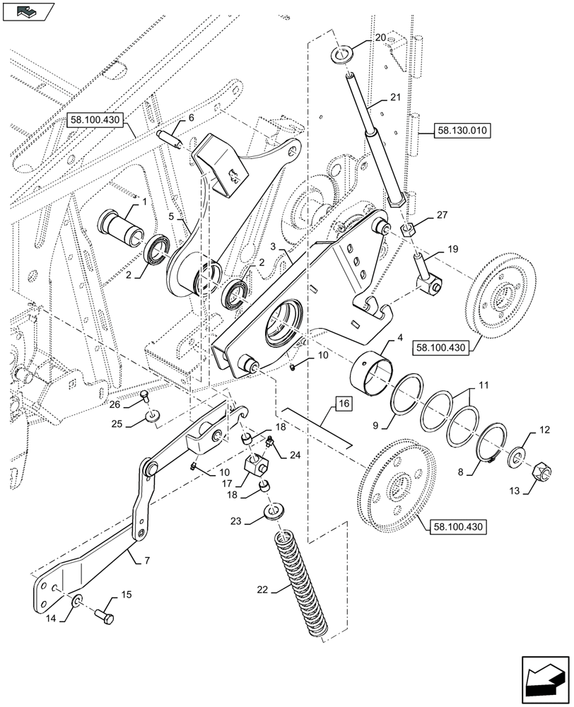 Схема запчастей Case IH 3050-41FT - (58.100.480) - BELT DRIVE FOR CUTTERBAR, TENSIONING ARM, LH (58) - ATTACHMENTS/HEADERS