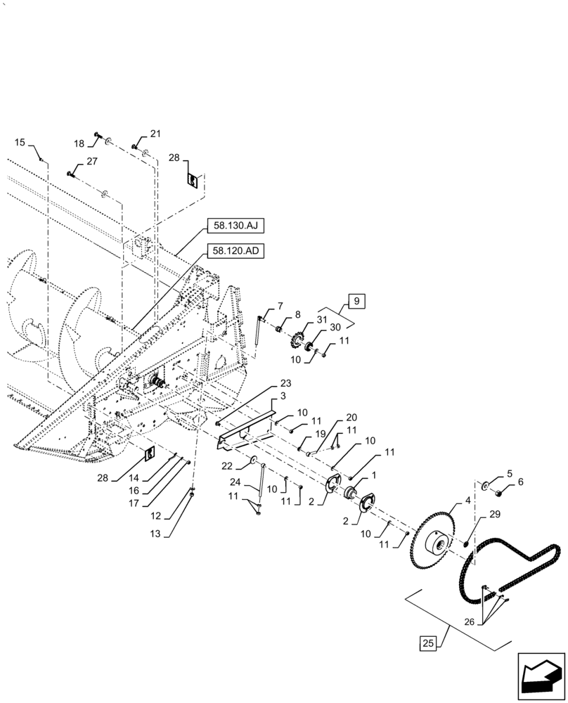 Схема запчастей Case IH 2060-20 - (58.120.AF[01]) - AUGER DRIVE, DRIVE CHAIN, LH, SUPPORT (58) - ATTACHMENTS/HEADERS
