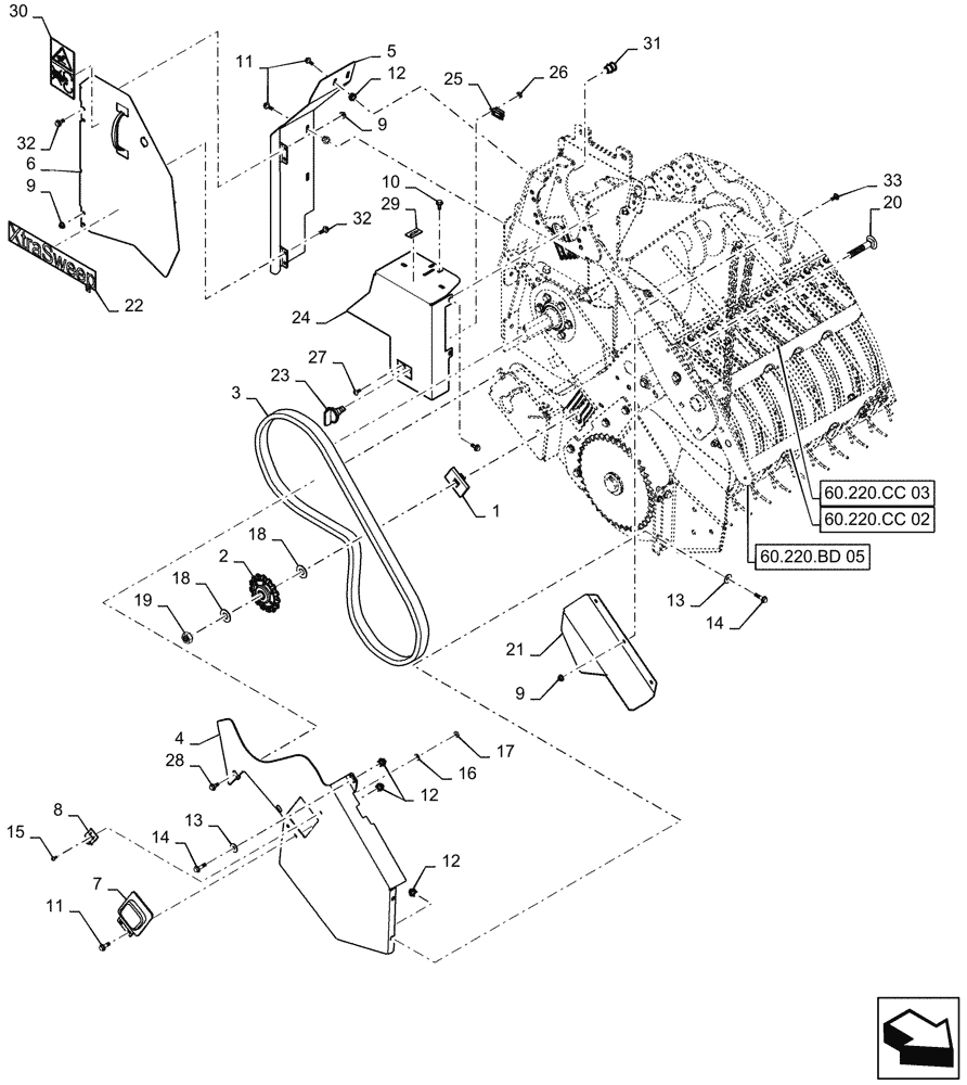 Схема запчастей Case IH RB455 - (60.260.BL[04]) - OVERSHOT FEEDER SHIELDS & DRIVE, RH (60) - PRODUCT FEEDING
