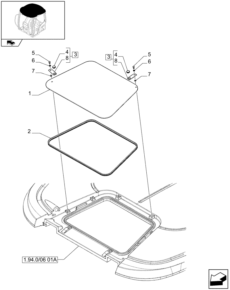 Схема запчастей Case IH MAXXUM 115 - (1.94.0/06[03]) - ROOF WITH LOW PROFILE - GLASS - D7193 (VAR.332515) (10) - OPERATORS PLATFORM/CAB