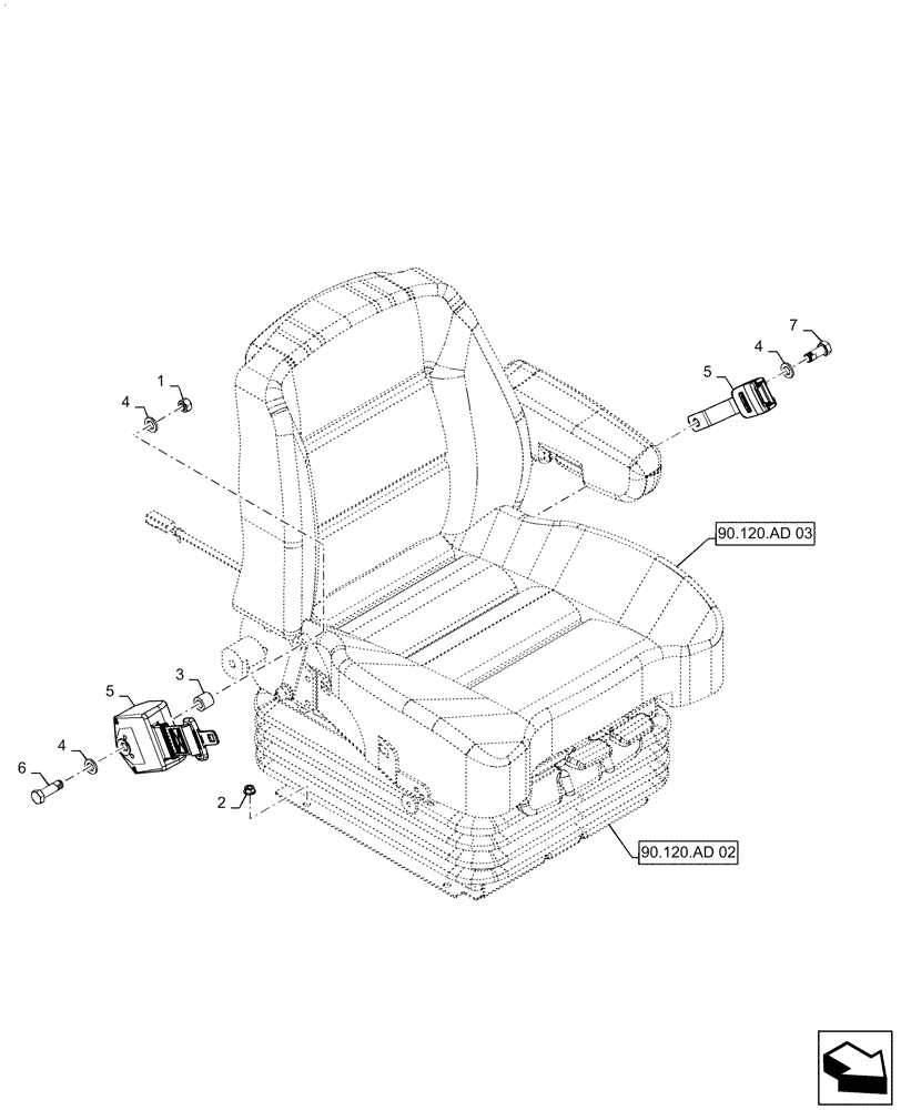 Схема запчастей Case IH PATRIOT 4440 - (90.120.AD[01]) - DELUXE CLOTH SEAT MOUNTING, NO HEAT (90) - PLATFORM, CAB, BODYWORK AND DECALS