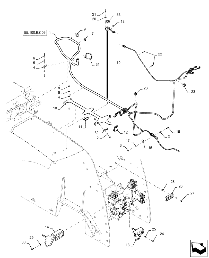 Схема запчастей Case IH STEIGER 370 - (55.100.BZ[01]) - REAR FRAME HARNESS MOUNTING, W/O CAB SUSPENSION (55) - ELECTRICAL SYSTEMS