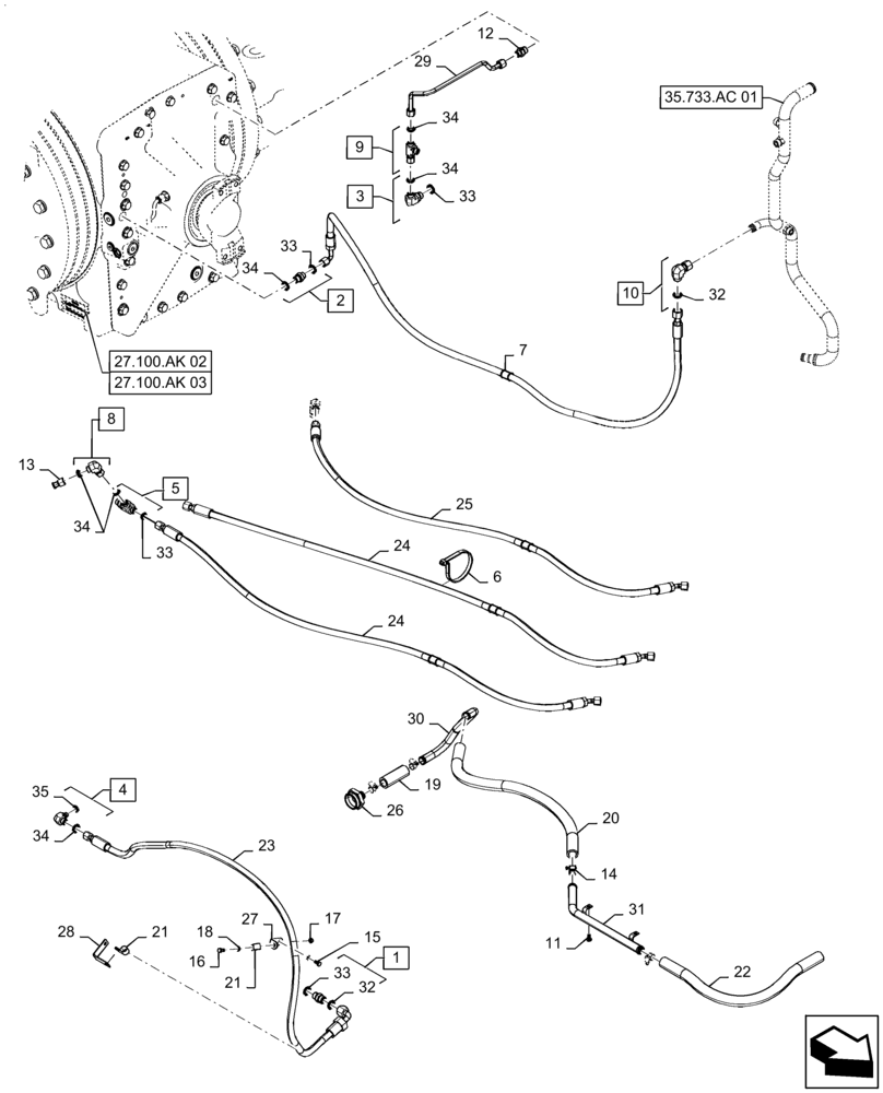 Схема запчастей Case IH STEIGER 370 - (35.733.AC[02]) - REAR AXLE LUBRICATION LINES, W/O DIFFERENTIAL LOCK (35) - HYDRAULIC SYSTEMS