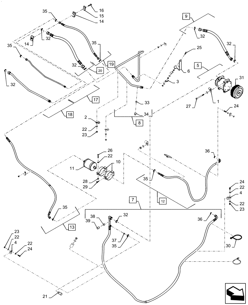 Схема запчастей Case IH STEIGER 400 - (50.200.AA[01]) - AIR CONDITIONER - PLUMBING, COMPRESSOR, RECEIVER-DRYER (50) - CAB CLIMATE CONTROL