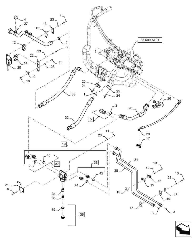 Схема запчастей Case IH QUADTRAC 540 - (35.600.BH[01]) - HIGH FLOW HYDRAULIC LINES, COOLER BY-PASS VALVE (BSN ZGF309204) (35) - HYDRAULIC SYSTEMS