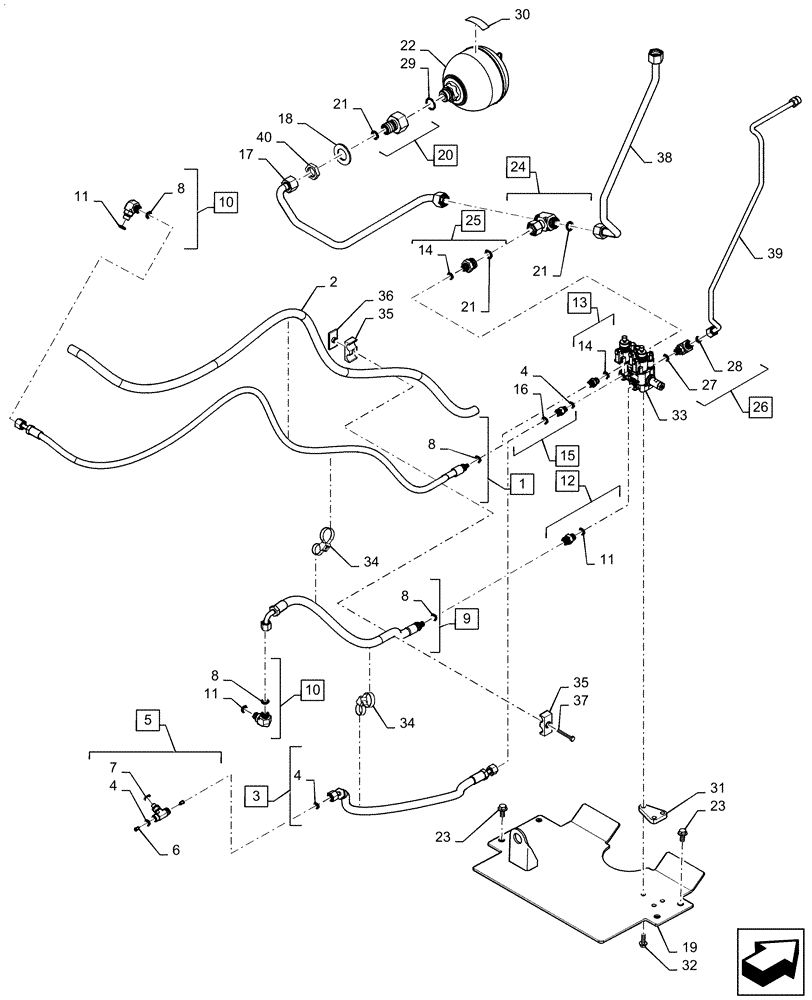 Схема запчастей Case IH MAGNUM 310 - (25.122.AD[06]) - VAR- 429199 - FRONT AXLE, HYDR LINES & SUSPENSION CONTROL VALVE & ACCUMULATOR (25) - FRONT AXLE SYSTEM