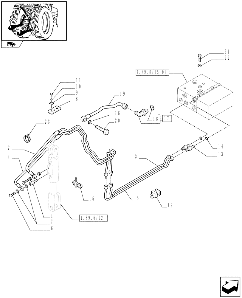 Схема запчастей Case IH FARMALL 105N - (1.89.6/05[01]) - HYDRAULIC LIFT ROD FOR MDC AND TRAILER BRAKE VALVE - TIE ROD, PIPES AND CONNECTIONS (VAR.330966 / 743536) (09) - IMPLEMENT LIFT