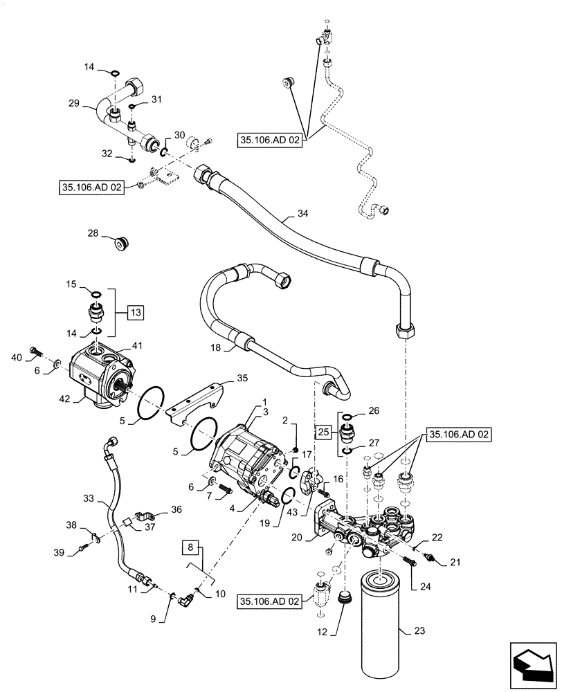 Схема запчастей Case IH MAGNUM 280 - (35.106.AD[01]) - VAR- 420301, 420302 - POWERSHIFT - HYDRAULIC SYSTEM, PISTON PUMP & FILTER, STANDARD & HIGH CAPACITY - BSN ZERF09032 (35) - HYDRAULIC SYSTEMS