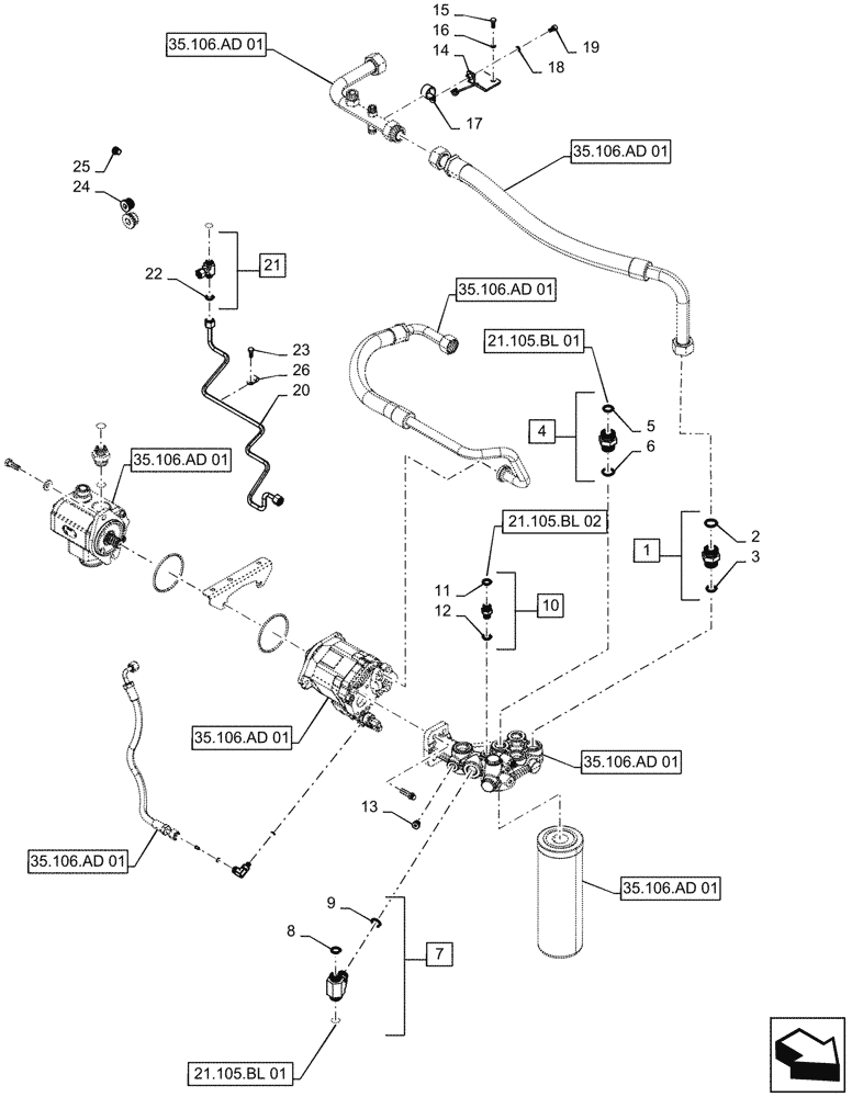 Схема запчастей Case IH MAGNUM 280 - (35.106.AD[02]) - VAR- 420301, 420302 - POWERSHIFT - HYDRAULIC SYSTEM, PISTON PUMP & FILTER, STANDARD & HIGH CAPACITY (35) - HYDRAULIC SYSTEMS