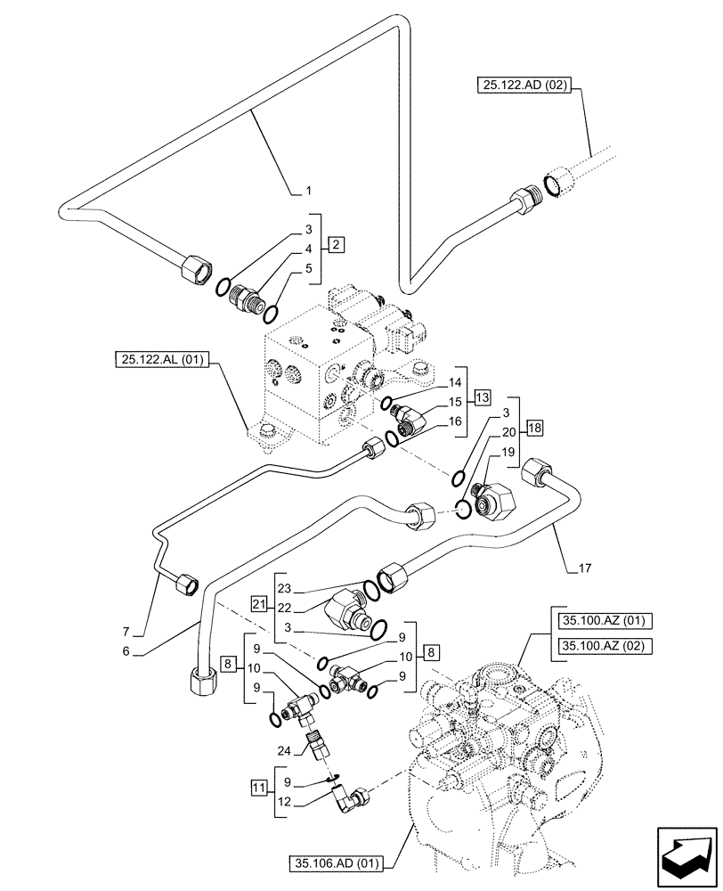 Схема запчастей Case IH PUMA 185 - (25.122.AD[01]) - VAR - 337416, 758064, 758065, 758066 - FRONT AXLE, SUSPENDED, CONTROL VALVE, LINE, POWERSHIFT (25) - FRONT AXLE SYSTEM