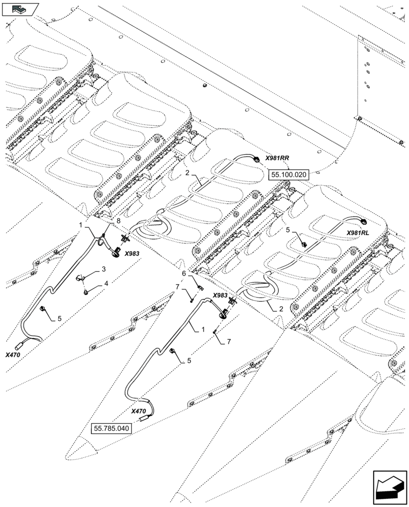 Схема запчастей Case IH 4408F-30 - (55.785.030) - ROW GUIDANCE CABLE HARNESS (55) - ELECTRICAL SYSTEMS