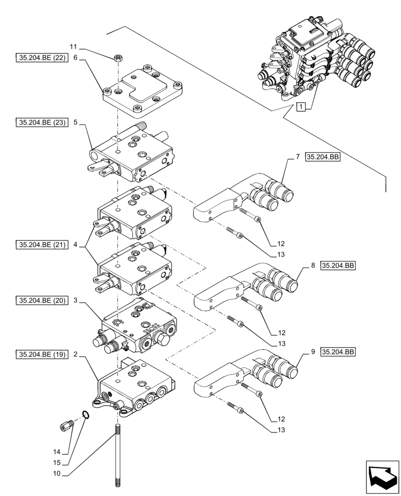 Схема запчастей Case IH PUMA 150 - (35.204.BE[04]) - VAR - 758057 - 3 REMOTE CONTROL VALVE (MHR), COMPONENTS (35) - HYDRAULIC SYSTEMS