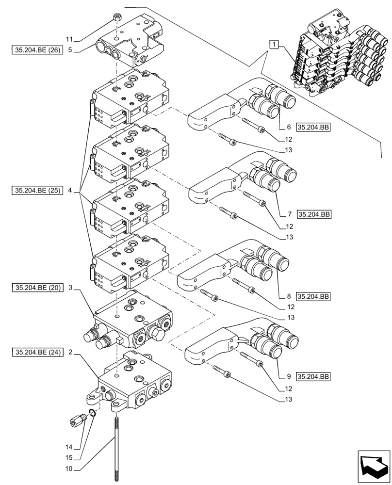 Схема запчастей Case IH PUMA 150 CVT - (35.204.BQ[18]) - VAR - 758061 - 5 REMOTE CONTROL VALVE (EHR), COMPONENTS (35) - HYDRAULIC SYSTEMS