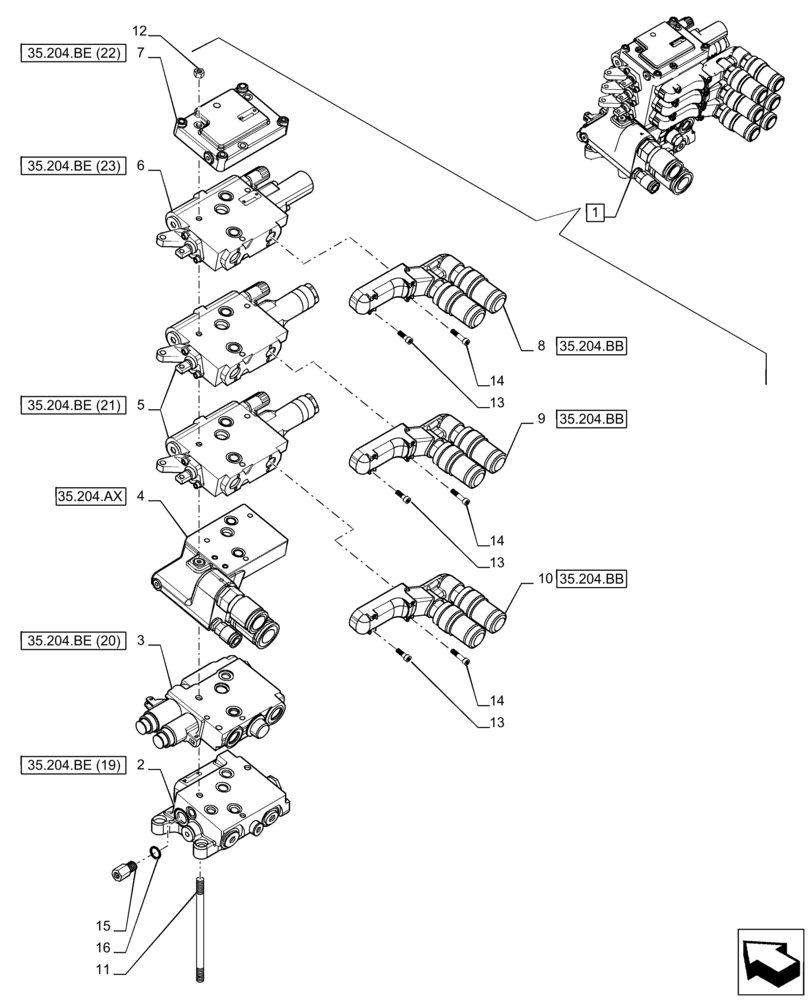 Схема запчастей Case IH PUMA 150 - (35.204.BE[06]) - VAR - 758057 - 3 REMOTE CONTROL VALVE (MHR W/PB), COMPONENTS (35) - HYDRAULIC SYSTEMS