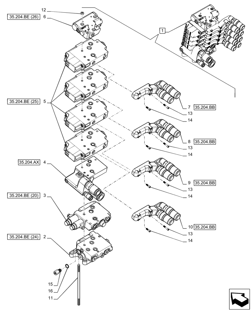 Схема запчастей Case IH PUMA 150 CVT - (35.204.BQ[16]) - VAR - 758060 - 4 REMOTE CONTROL VALVE (EHR W/PB), COMPONENTS (35) - HYDRAULIC SYSTEMS