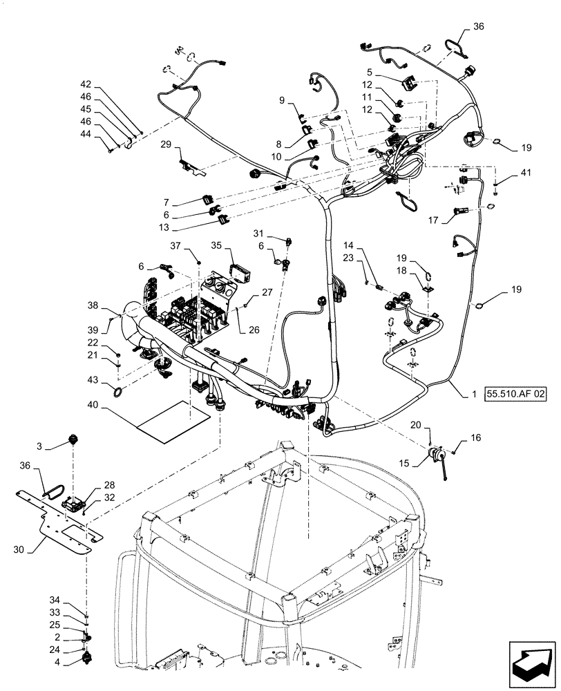 Схема запчастей Case IH QUADTRAC 620 - (55.510.AF[01]) - CAB MAIN WIRE HARNESS MOUNTING, BSN ZFF308000 (55) - ELECTRICAL SYSTEMS