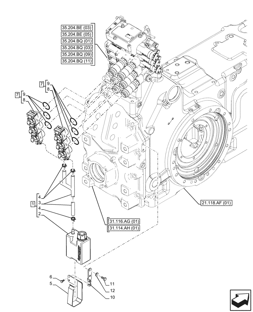 Схема запчастей Case IH PUMA 150 - (35.204.BW[02]) - VAR - 391164, 391165, 758057, 758059 - 3 REMOTE CONTROL VALVE, RESERVOIR (35) - HYDRAULIC SYSTEMS