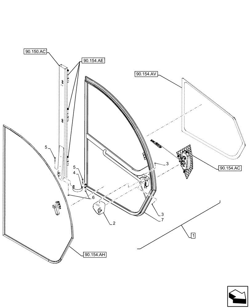 Схема запчастей Case IH FARMLIFT 635 - (90.154.AA[03]) - CAB DOOR, FRAME, UPPER (90) - PLATFORM, CAB, BODYWORK AND DECALS