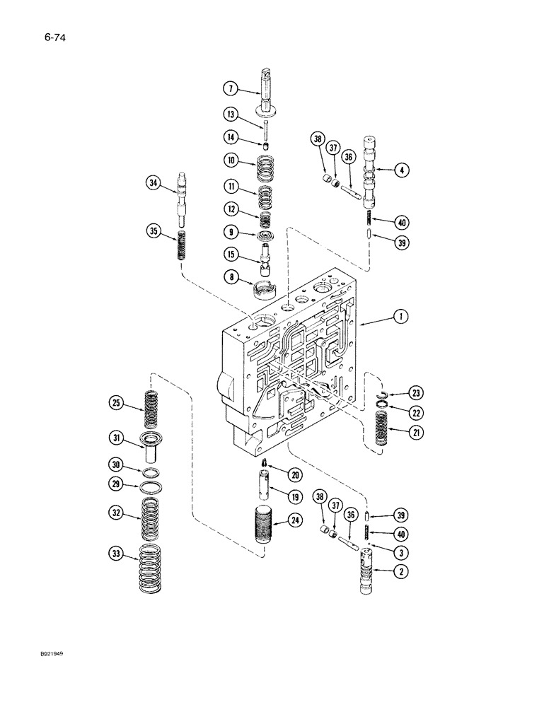 Схема запчастей Case IH 7140 - (6-074) - TRANSMISSION CONTROL VALVE ASSEMBLY, BODY SECTION AND CLUTCH SPOOLS, TWO SPEED REVERSE VALVES (06) - POWER TRAIN