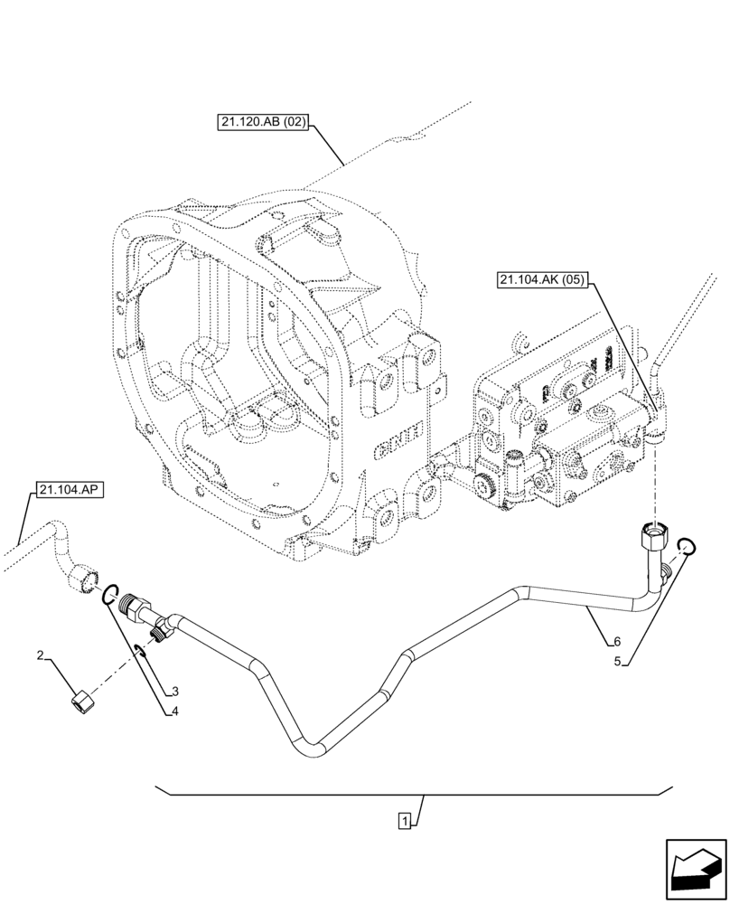 Схема запчастей Case IH FARMALL 105C - (21.104.AL[05]) - VAR - 332069 - TRANSMISSION LUBRICATION LINE (21) - TRANSMISSION