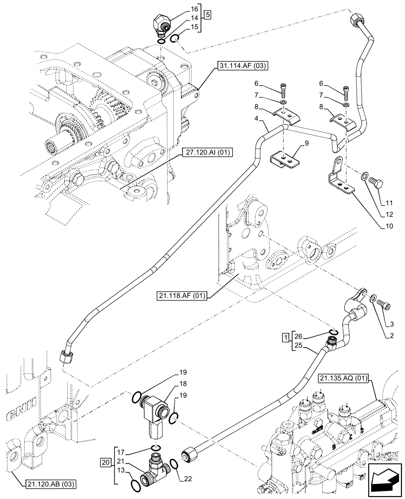 Схема запчастей Case IH FARMALL 105C - (21.135.AQ[04]) - VAR - 391069 - TRANSMISSION LUBRICATION LINE, HI-LO (21) - TRANSMISSION