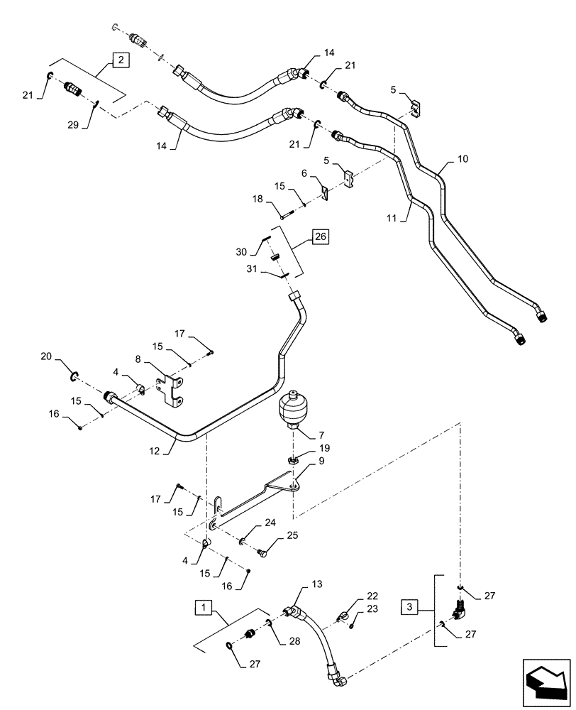 Схема запчастей Case IH QUADTRAC 620 - (21.105.BL[03]) - TRANSMISSION LUBRICATION LINES, FRONT, 500 SCRAPER, 540 SCRAPER, 580, 620, BSN ZFF308000 (21) - TRANSMISSION