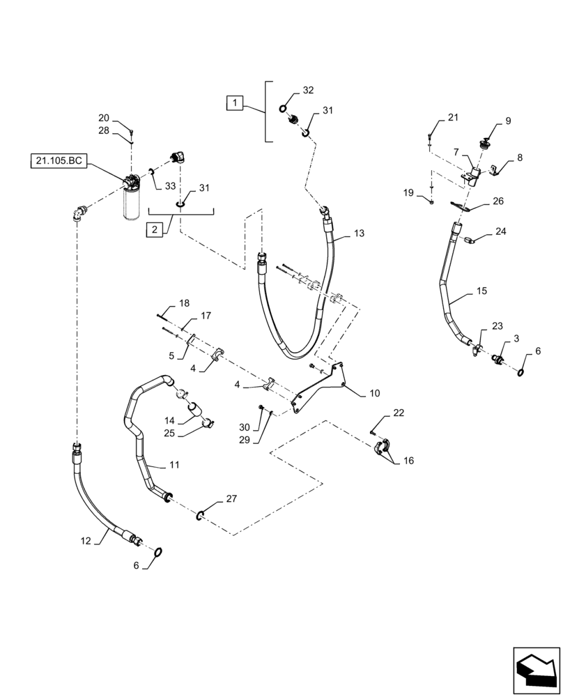 Схема запчастей Case IH QUADTRAC 620 - (21.105.BL[04]) - TRANSMISSION LUBRICATION LINES, REAR, 500 SCRAPER, 540 SCRAPER, 580, 620, BSN ZFF308000 (21) - TRANSMISSION