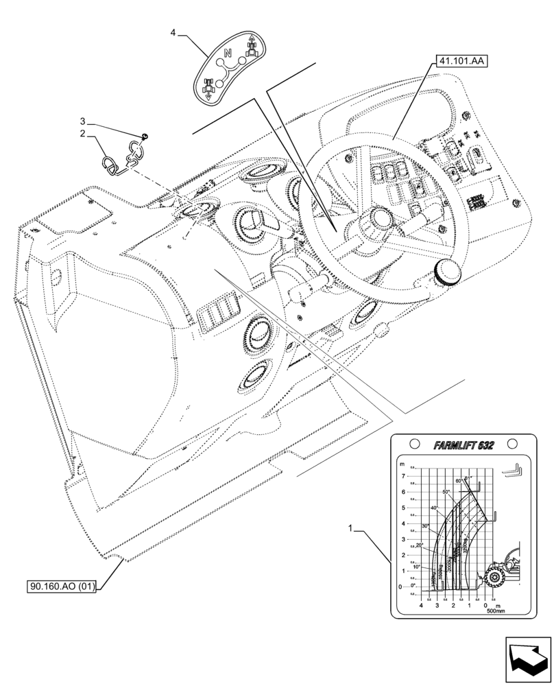 Схема запчастей Case IH FARMLIFT 632 - (90.108.AC[02]) - DECALS, INSTRUMENT CLUSTER (6M) (90) - PLATFORM, CAB, BODYWORK AND DECALS