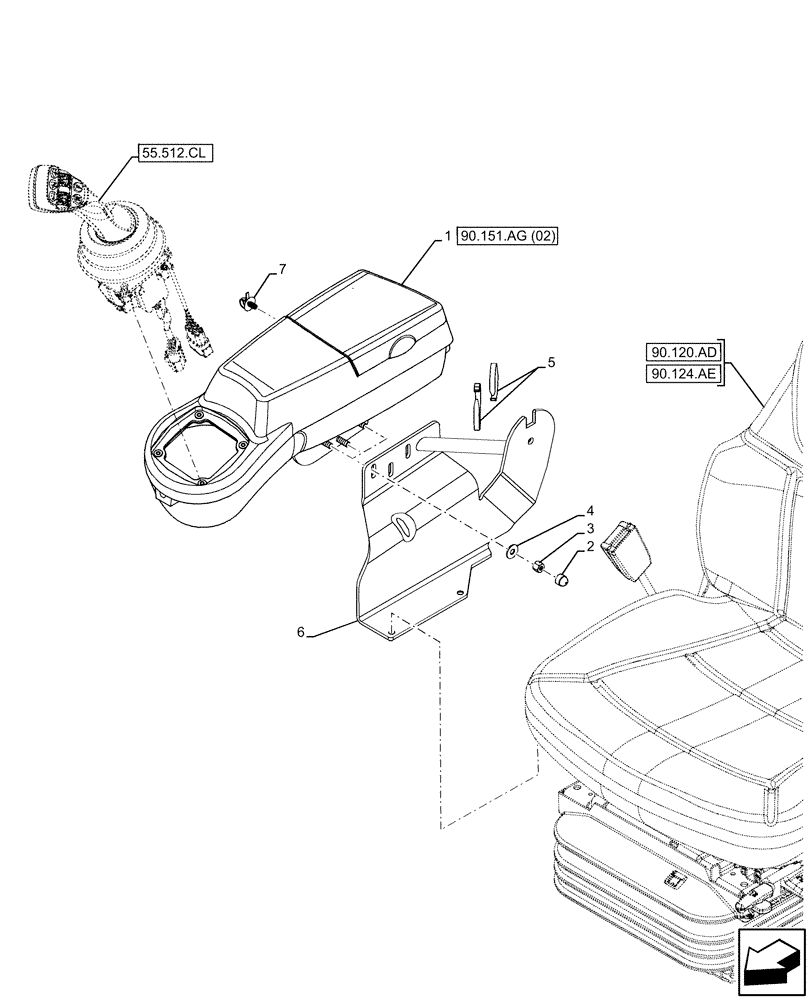 Схема запчастей Case IH FARMLIFT 635 - (90.151.AG[01]) - ARMREST (90) - PLATFORM, CAB, BODYWORK AND DECALS