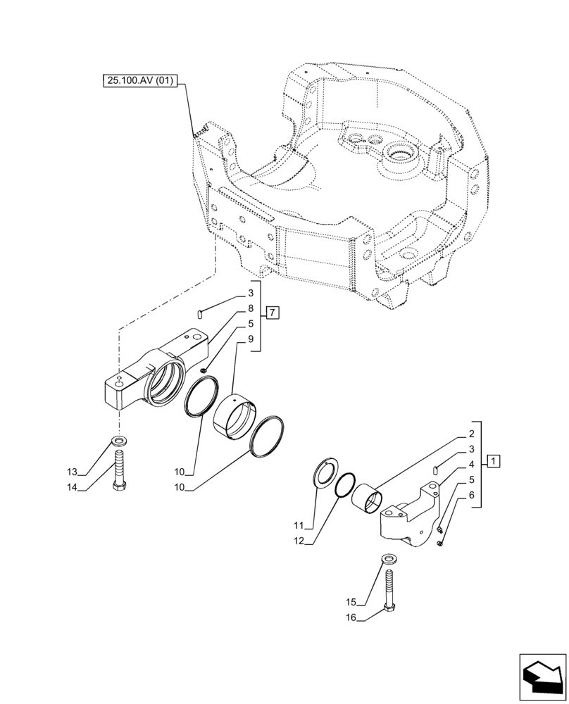 Схема запчастей Case IH PUMA 185 CVT - (25.100.AV[05]) - VAR - 391157 - FRONT AXLE SUPPORT, TRUNNION (25) - FRONT AXLE SYSTEM