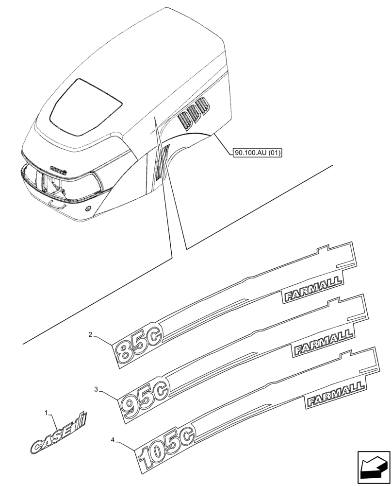 Схема запчастей Case IH FARMALL 105C - (90.108.AB[02]) - VAR - 334255, 334256, 334257 - BRAND AND MODEL DECALS (90) - PLATFORM, CAB, BODYWORK AND DECALS