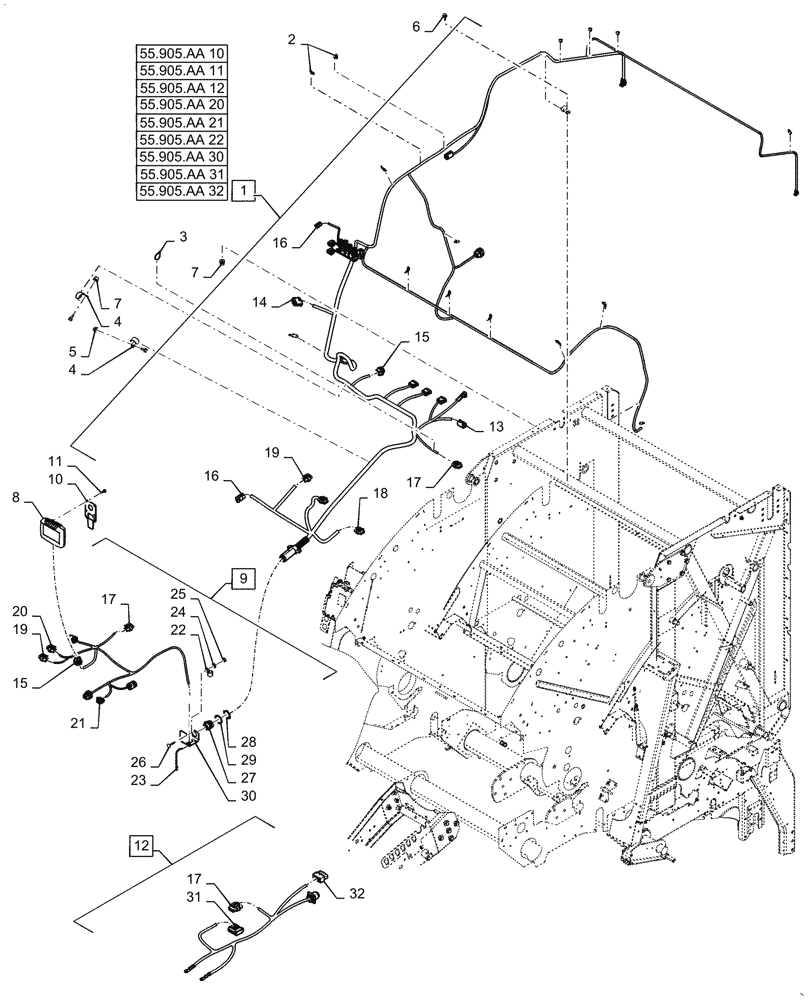 Схема запчастей Case IH RB455 - (55.905.AA[02]) - VAR - 726967, 726969 - ISOBUS, ELECTRIC SYSTEM CONTROL, LH (55) - ELECTRICAL SYSTEMS