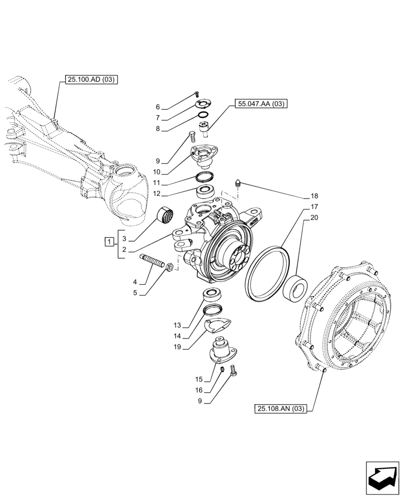 Схема запчастей Case IH PUMA 185 CVT - (25.108.AG[05]) - VAR - 758049 - FRONT AXLE, SUSPENDED W/BRAKES, STEERING KNUCKLE, RH (25) - FRONT AXLE SYSTEM