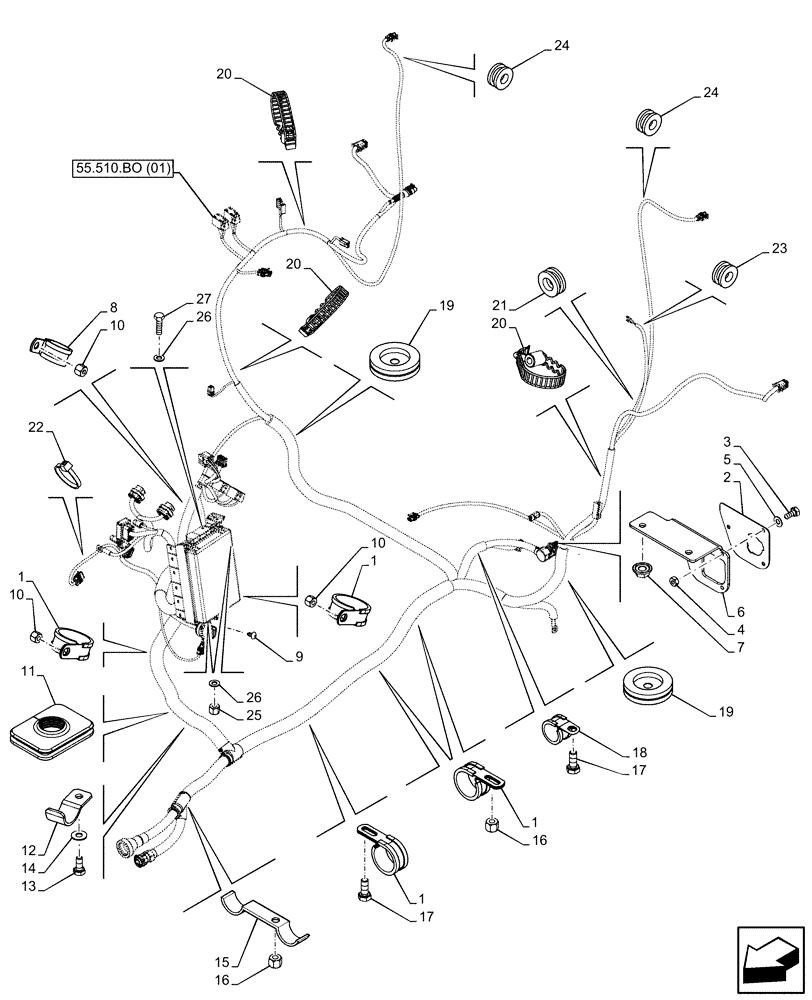 Схема запчастей Case IH FARMALL 115C - (55.510.BO[02]) - VAR - 335754, 390754 - MAIN HARNESS, BRACKET, CABLE CLIP, W/O CAB (55) - ELECTRICAL SYSTEMS