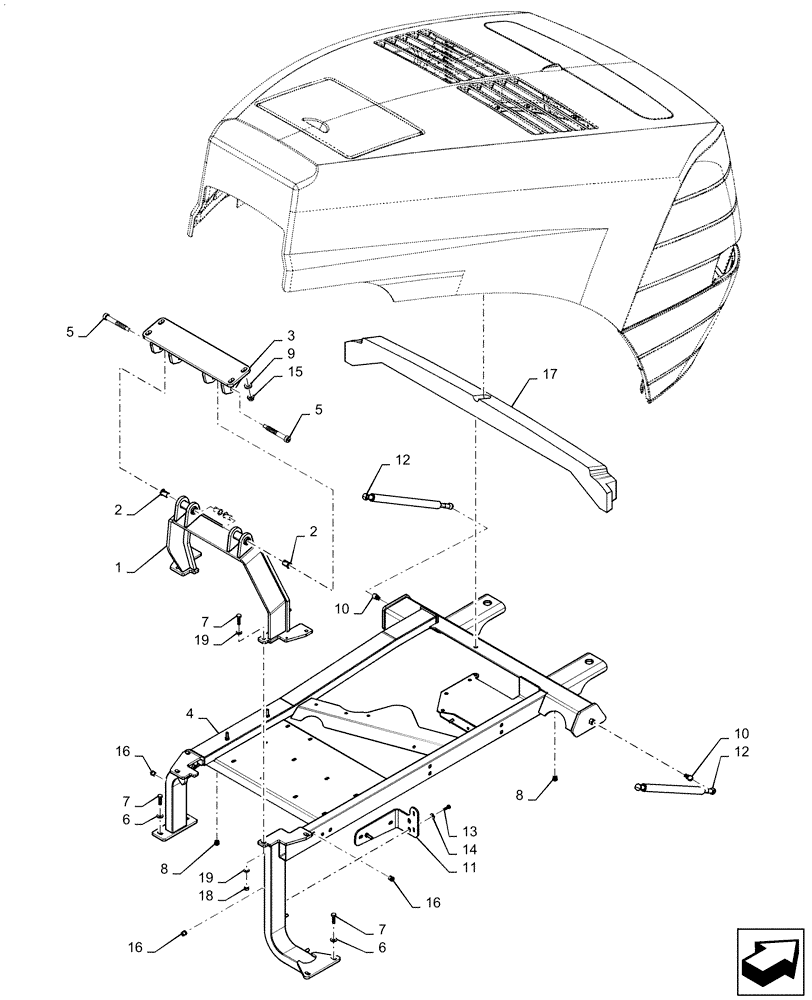 Схема запчастей Case IH QUADTRAC 540 - (90.100.AE[01]) - HOOD PIVOT FRAME (90) - PLATFORM, CAB, BODYWORK AND DECALS