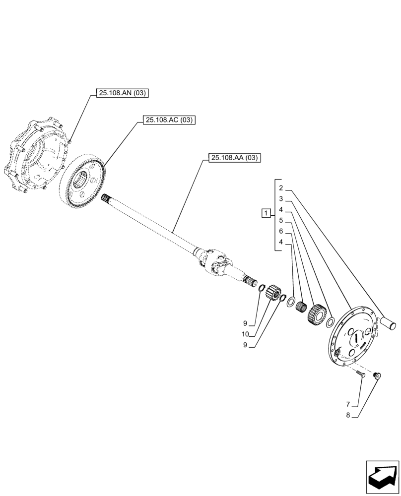 Схема запчастей Case IH PUMA 185 CVT - (25.108.AB[13]) - VAR - 758049 - FRONT AXLE, SUSPENDED W/BRAKES, PLANETARY GEAR (25) - FRONT AXLE SYSTEM