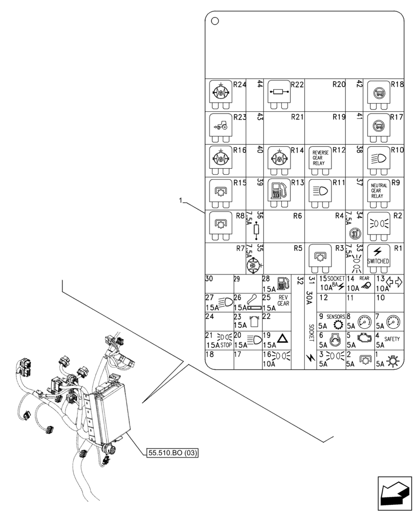 Схема запчастей Case IH FARMALL 105C - (90.108.AA[13]) - VAR - 335754, 390754 - DECALS, WIRE HARNESS, FUSE BOX, W/O CAB, HI-LO (90) - PLATFORM, CAB, BODYWORK AND DECALS