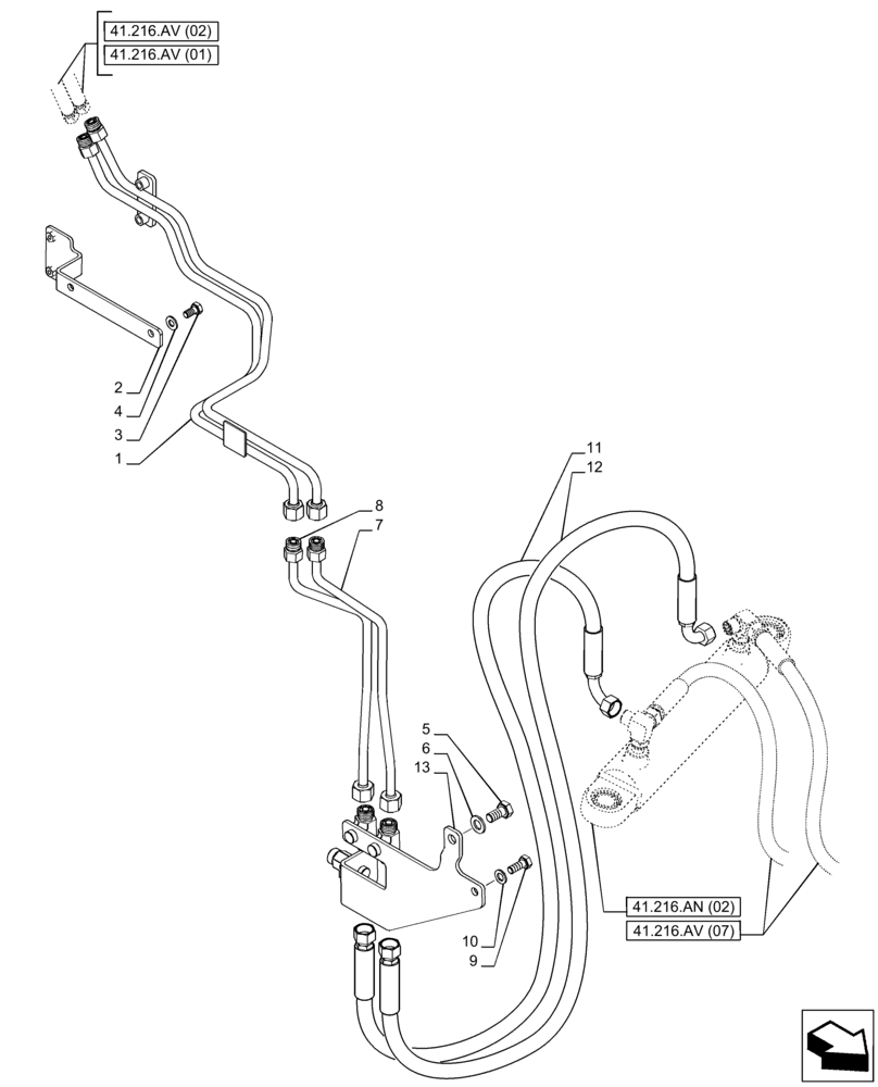 Схема запчастей Case IH PUMA 185 - (41.216.AV[04]) - VAR - 758048, 758049 - FRONT AXLE, SUSPENDED, STEERING CYLINDER HYD. LINE (41) - STEERING