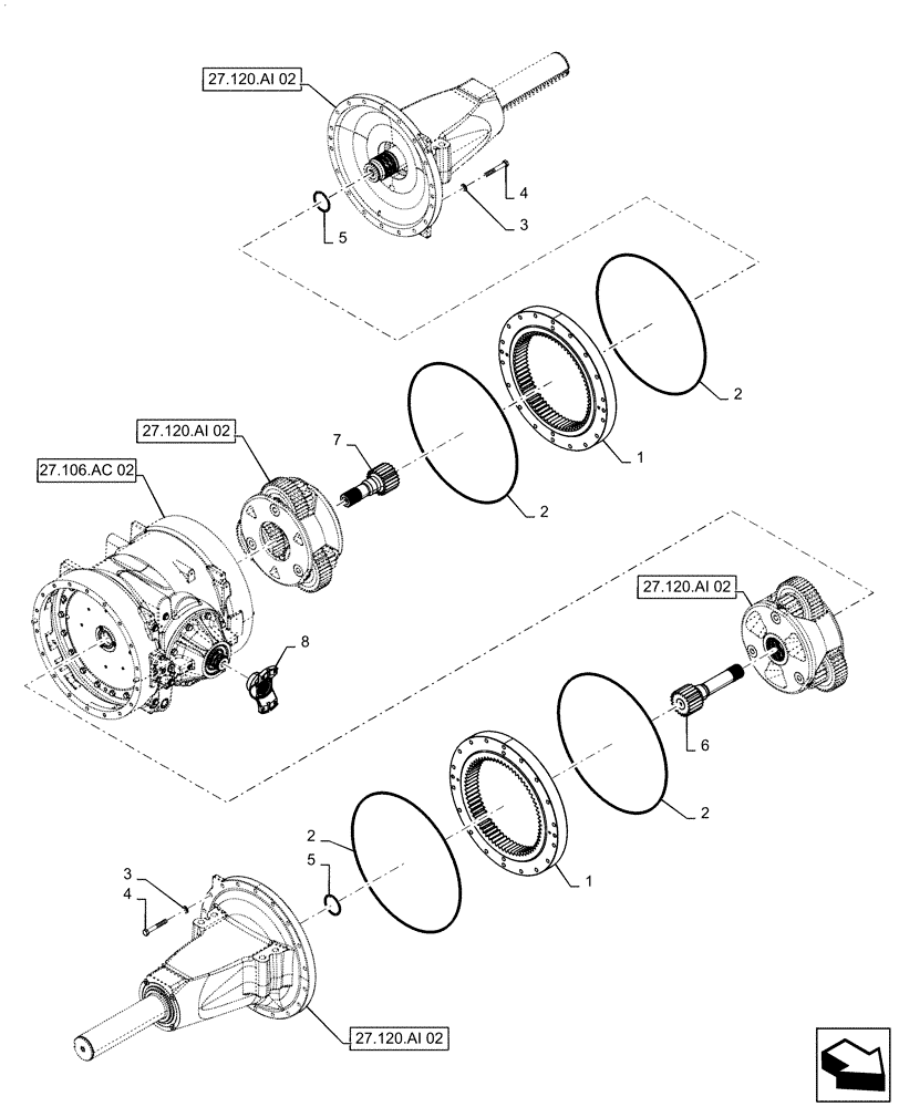 Схема запчастей Case IH STEIGER 580 - (27.100.AK[03]) - REAR AXLE ASSY, 550, 580, 600, 620 (27) - REAR AXLE SYSTEM
