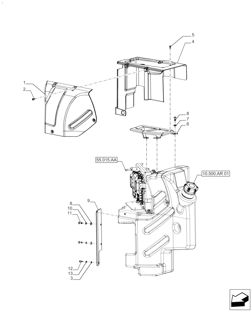 Схема запчастей Case IH FARMALL 120A - (10.500.AR[02]) - VAR - 391270 - PROTECTION, UREA TANK (10) - ENGINE