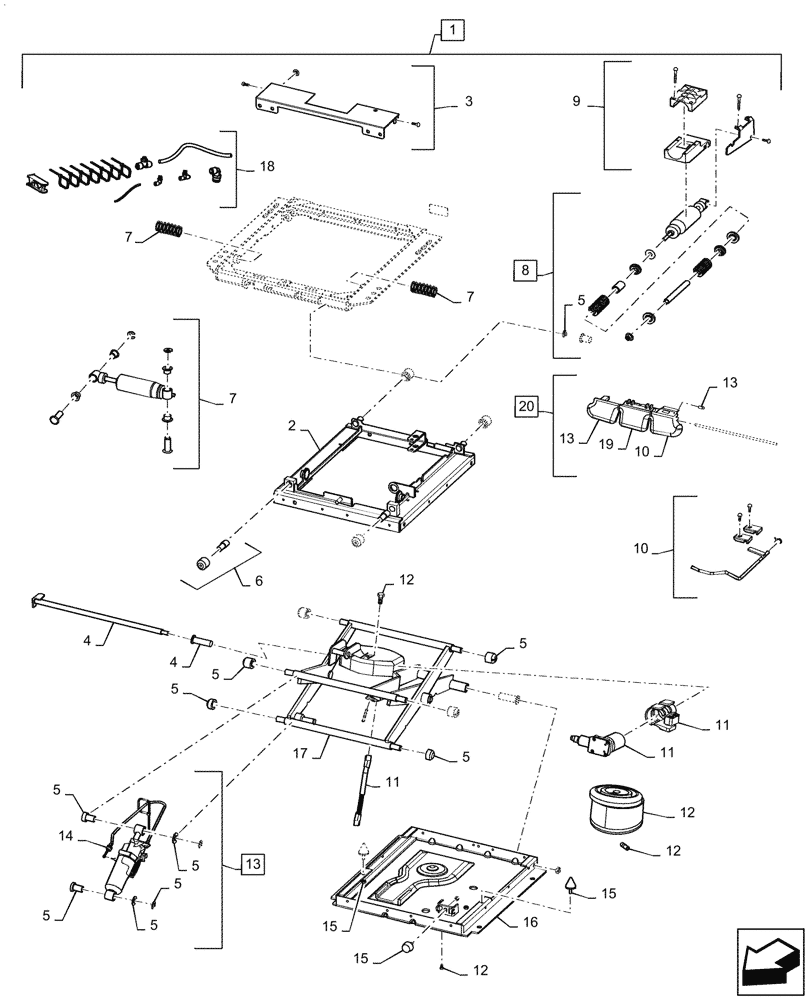 Схема запчастей Case IH QUADTRAC 580 - (90.124.AN[01]) - VAR - 391606, 420001, 420002, 449057 - SEAT SUSPENSION ASSY, PASSIVE SUSPENSION (90) - PLATFORM, CAB, BODYWORK AND DECALS