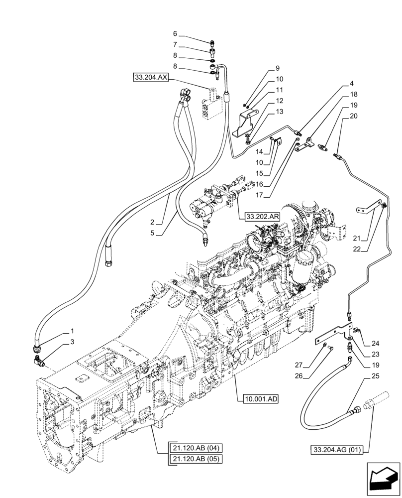 Схема запчастей Case IH PUMA 165 CVT - (33.204.AG[02]) - VAR - 758046 - FRONT AXLE, SUSPENDED W/BRAKES, BRAKE LINE (33) - BRAKES & CONTROLS