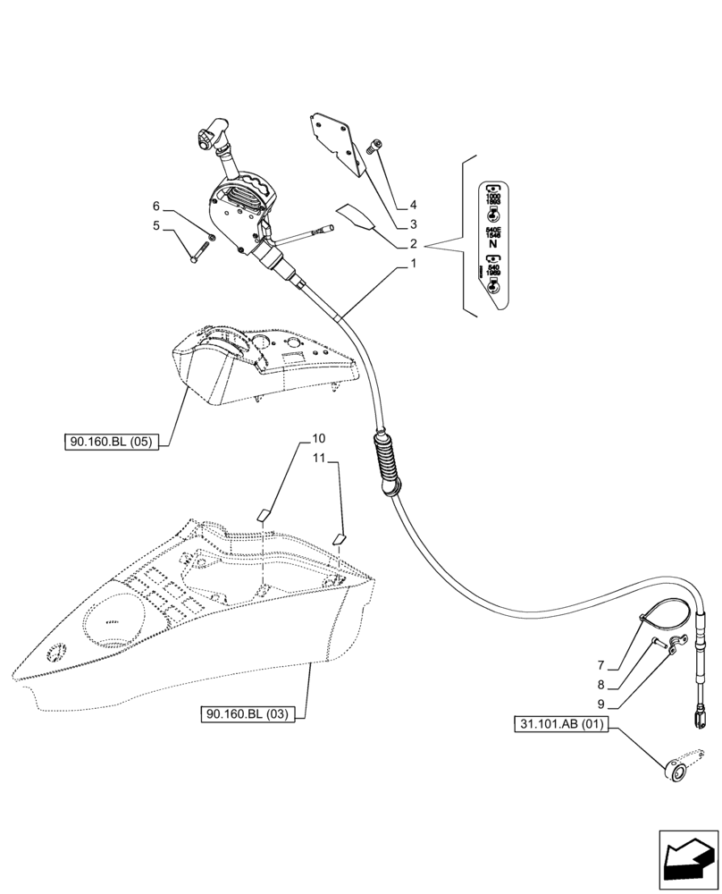 Схема запчастей Case IH PUMA 165 CVT - (31.101.AC[01]) - VAR - 391139 - PTO 540/540E/1000 RPM, CONTROL LEVER (31) - IMPLEMENT POWER TAKE OFF