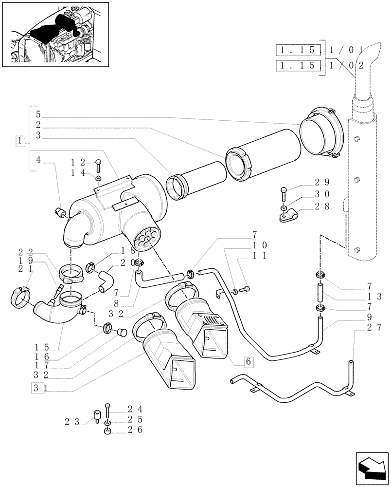 Схема запчастей Case IH MAXXUM 110 - (1.19.1/01[01]) - AIR CLEANER WITH PRE-CLEANER "SPIN TUBE" (VAR.330189-331189-332189-333189) (02) - ENGINE EQUIPMENT