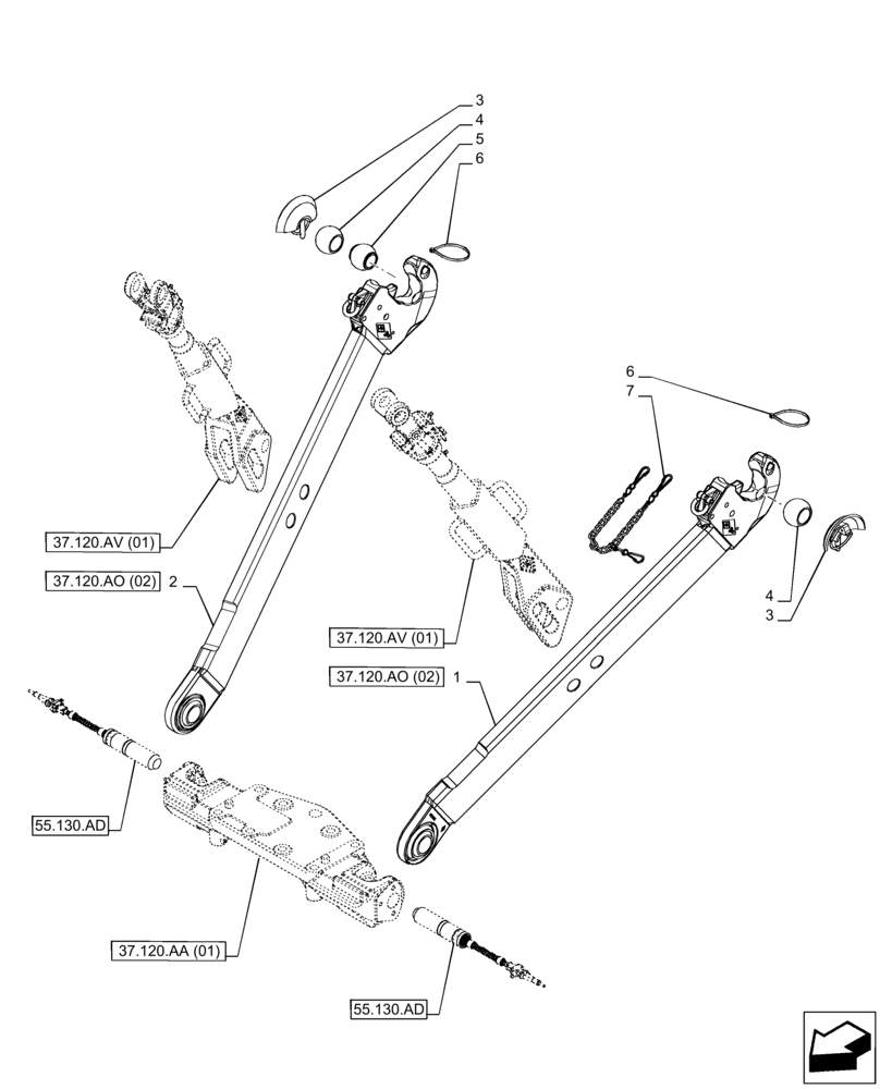 Схема запчастей Case IH PUMA 165 CVT - (37.120.AO[01]) - VAR - 391170, 758075 - 3 HITCH POINT, LOWER LINK (37) - HITCHES, DRAWBARS & IMPLEMENT COUPLINGS
