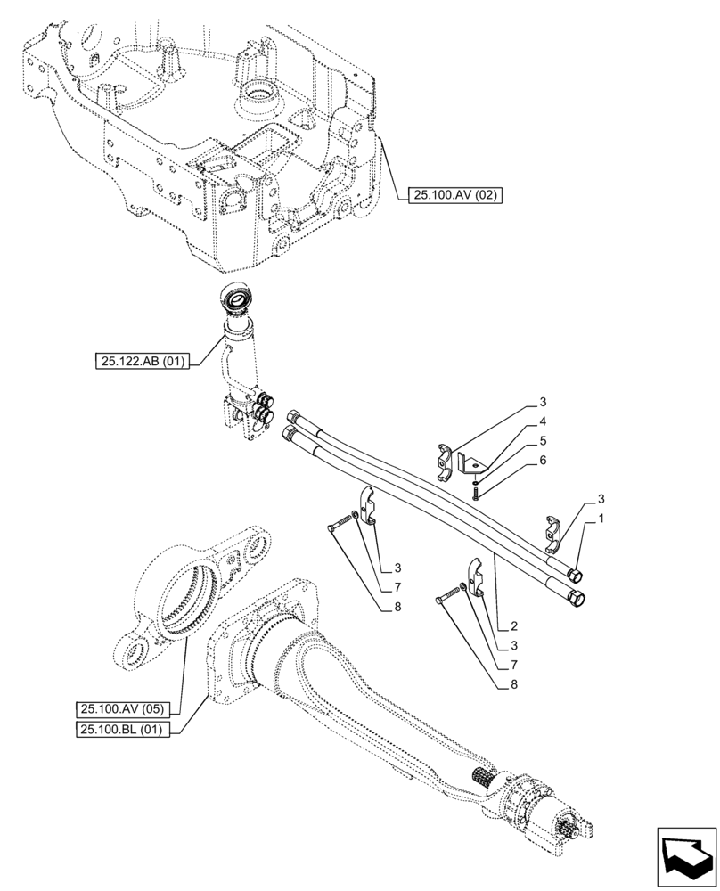 Схема запчастей Case IH PUMA 150 CVT - (25.122.AD) - VAR - 758045, 758046 - FRONT AXLE, SUSPENDED, CYLINDER, LINE (25) - FRONT AXLE SYSTEM