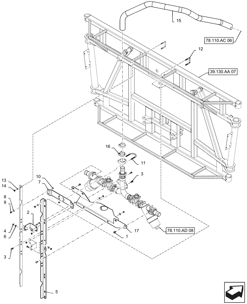 Схема запчастей Case IH PATRIOT 3340 - (78.110.AD[05]) - CENTER SECTION MANIFOLD MOUNTING, 7 SEC, 120 BOOM, BSN YGT042519 (78) - SPRAYING