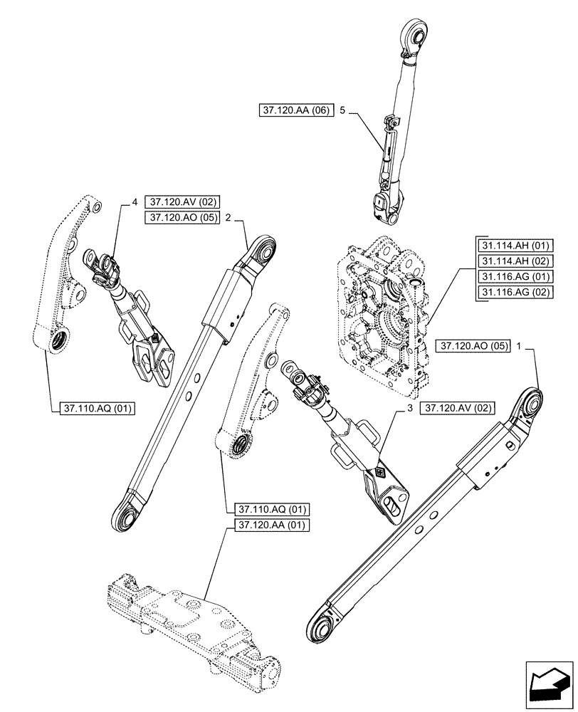 Схема запчастей Case IH PUMA 165 CVT - (37.120.AX[03]) - VAR - 758073, 758078 - 3 HITCH POINT (CAT 2, TELESCOPIC ENDS) (37) - HITCHES, DRAWBARS & IMPLEMENT COUPLINGS
